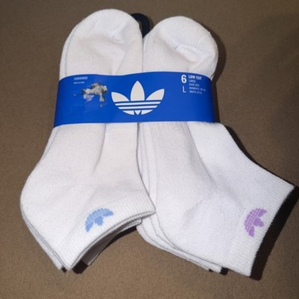 Adidas Men’s Cushioned Low Cut White Socks Multi Color Trefoils Large 10-13